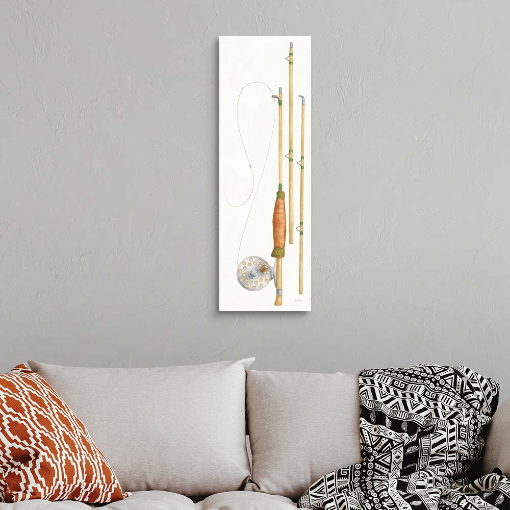 A bohemian room featuring Large watercolor painting of a fly fishing pole and reel on a white background.