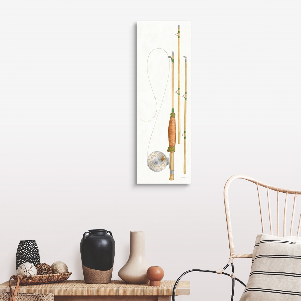 A farmhouse room featuring Large watercolor painting of a fly fishing pole and reel on a white background.