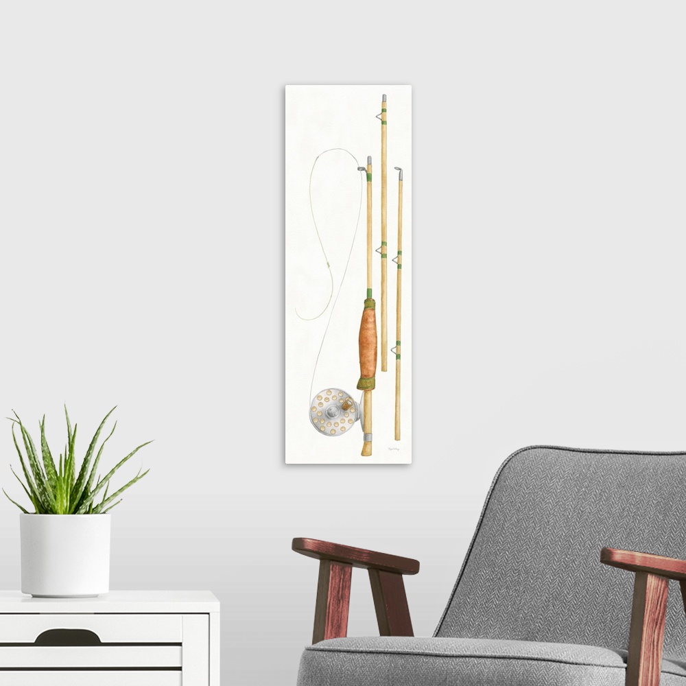 A modern room featuring Large watercolor painting of a fly fishing pole and reel on a white background.
