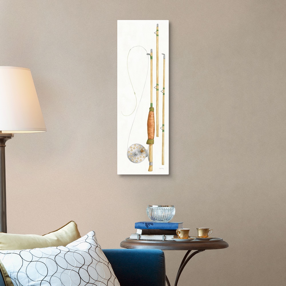 A traditional room featuring Large watercolor painting of a fly fishing pole and reel on a white background.