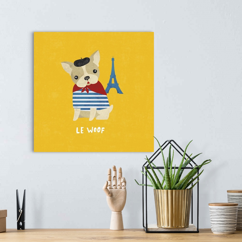 A bohemian room featuring Cute illustration of a French bulldog wearing a beret near a small Eiffel Tower.