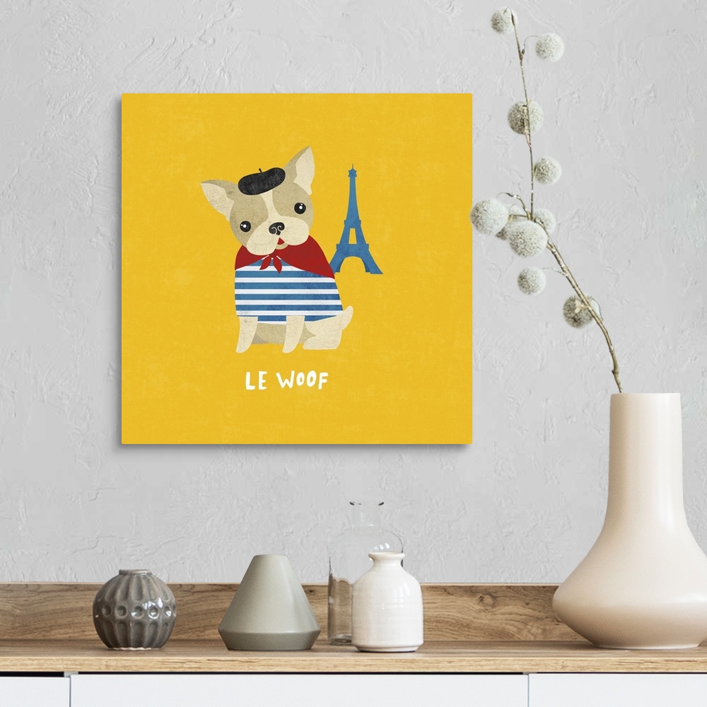 A farmhouse room featuring Cute illustration of a French bulldog wearing a beret near a small Eiffel Tower.