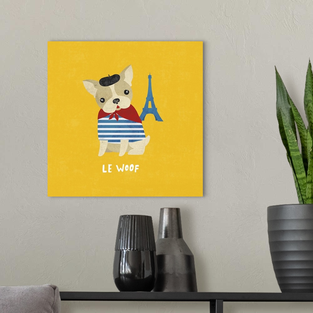 A modern room featuring Cute illustration of a French bulldog wearing a beret near a small Eiffel Tower.