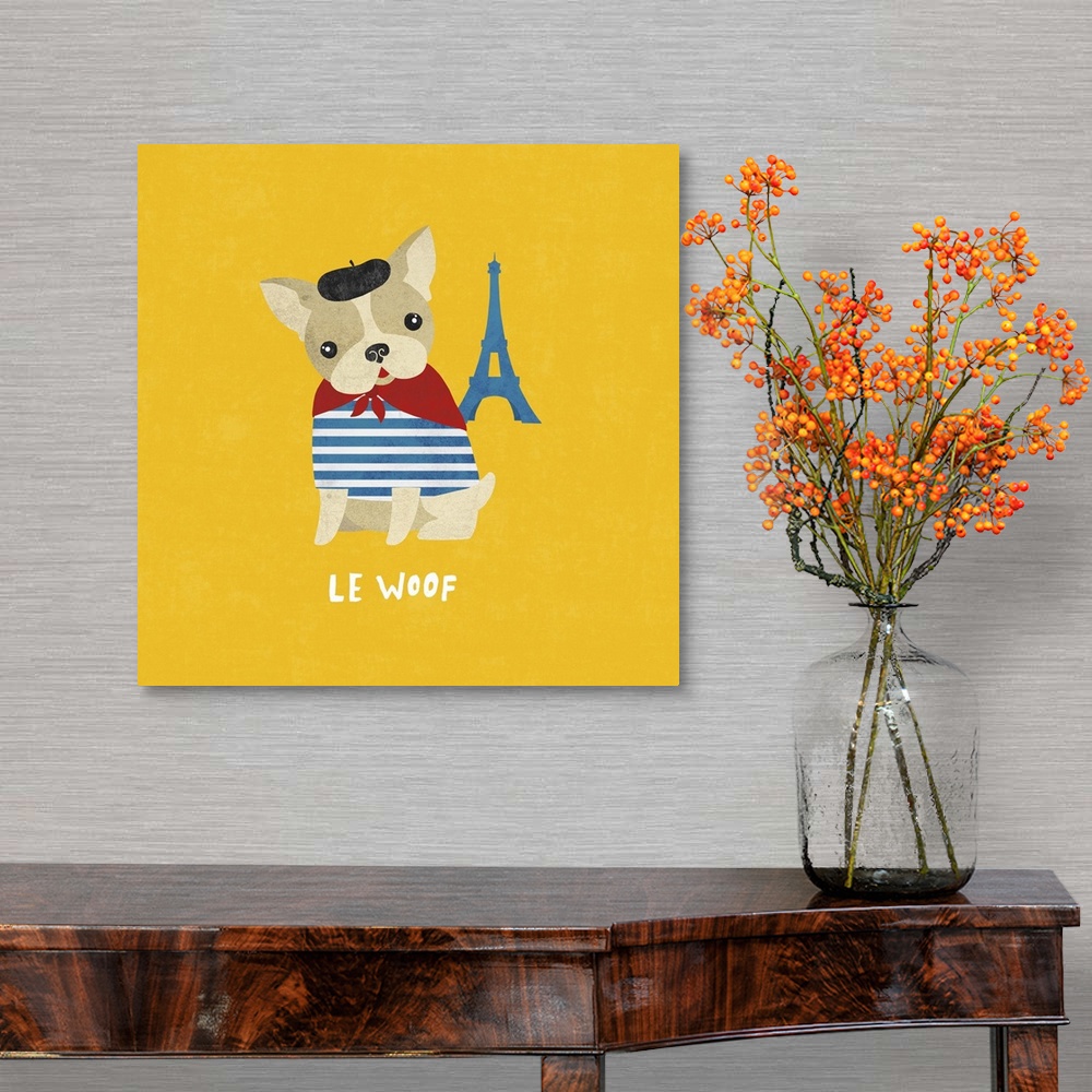 A traditional room featuring Cute illustration of a French bulldog wearing a beret near a small Eiffel Tower.