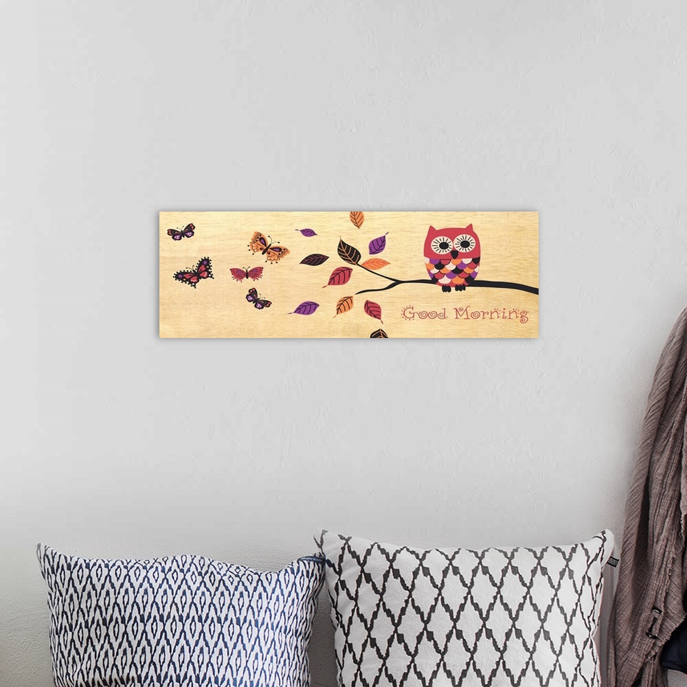 A bohemian room featuring Cute illustration of a stylized owl with large eyes on a branch with falling leaves and five butt...