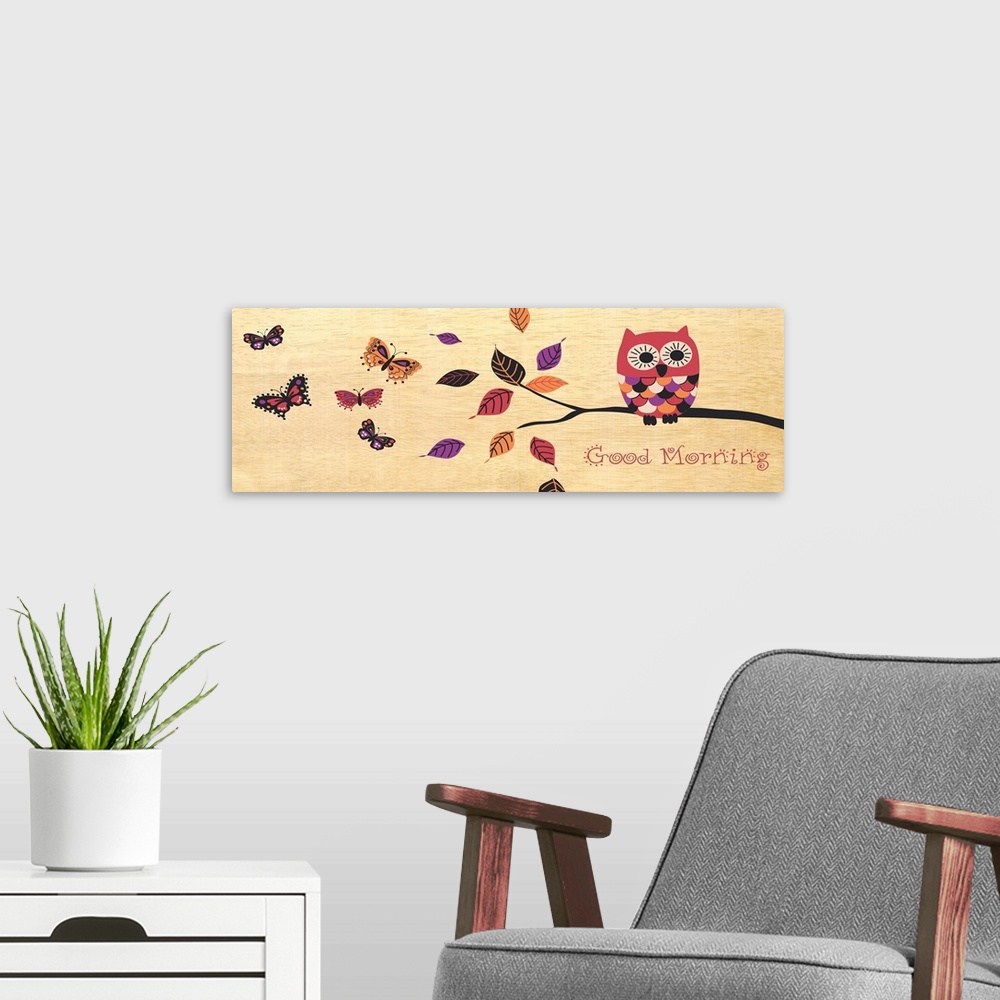 A modern room featuring Cute illustration of a stylized owl with large eyes on a branch with falling leaves and five butt...