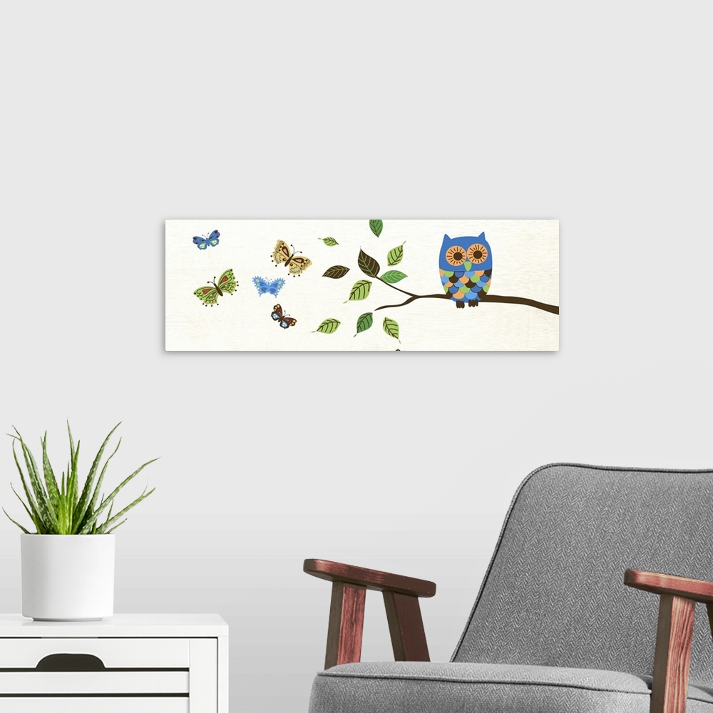 A modern room featuring Contemporary artwork of an owl in multiple colors perched on a branch.
