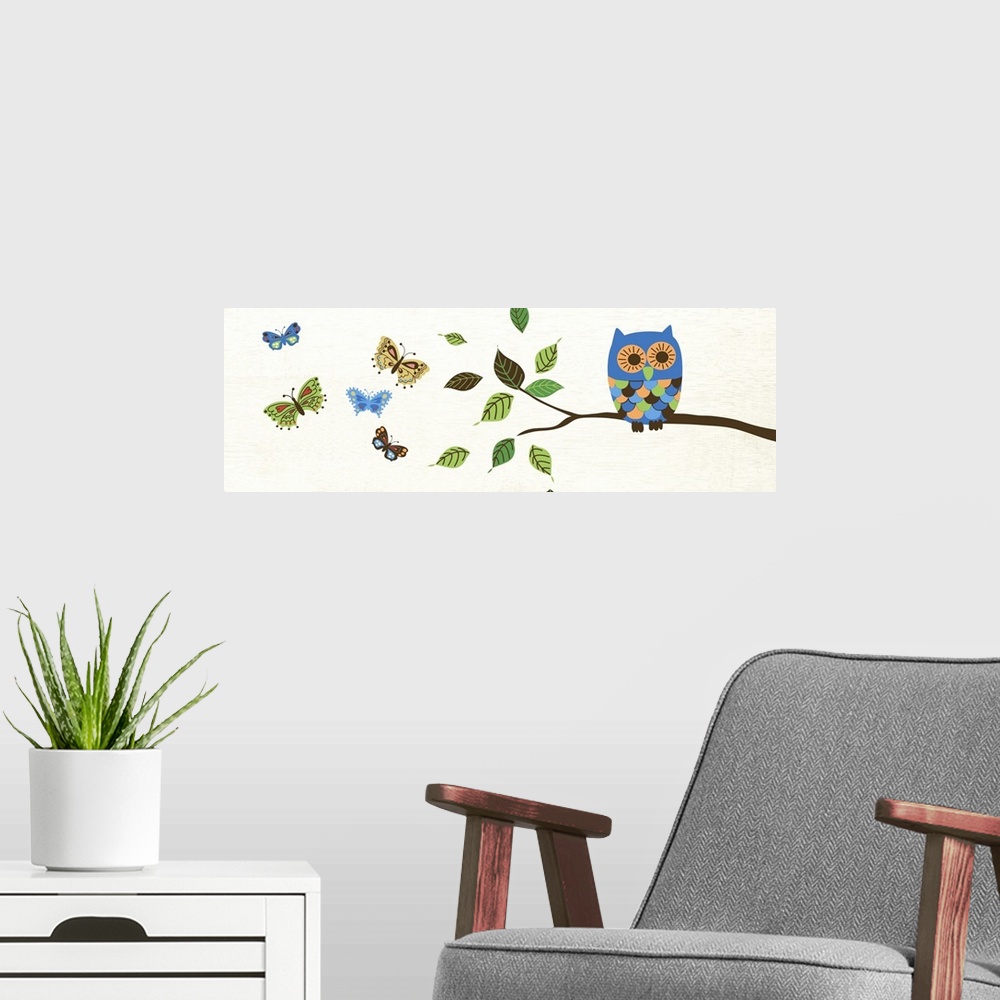 A modern room featuring Contemporary artwork of an owl in multiple colors perched on a branch.