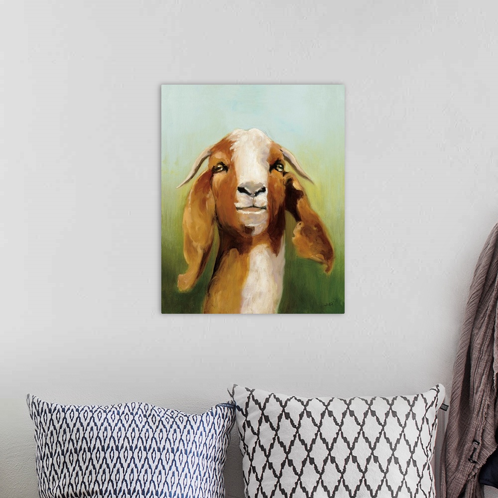 A bohemian room featuring Contemporary painting of a white and brown goat on a green and blue background.