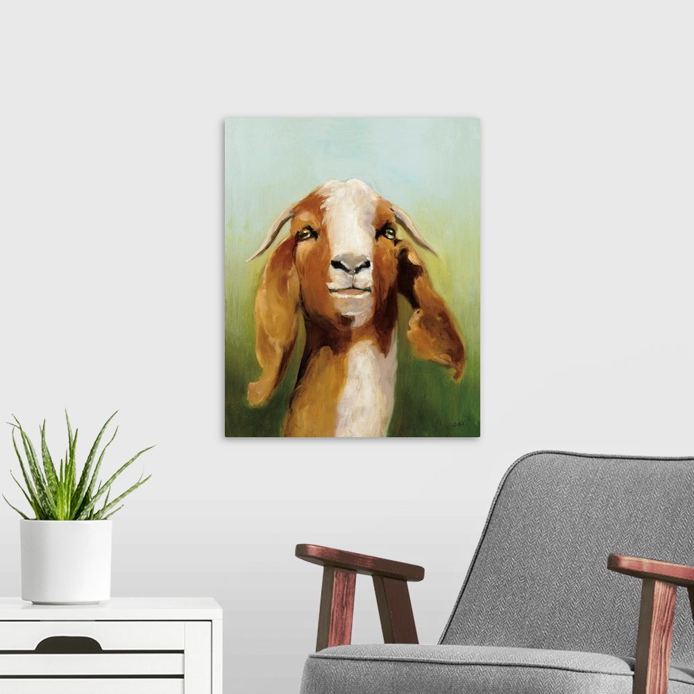 A modern room featuring Contemporary painting of a white and brown goat on a green and blue background.