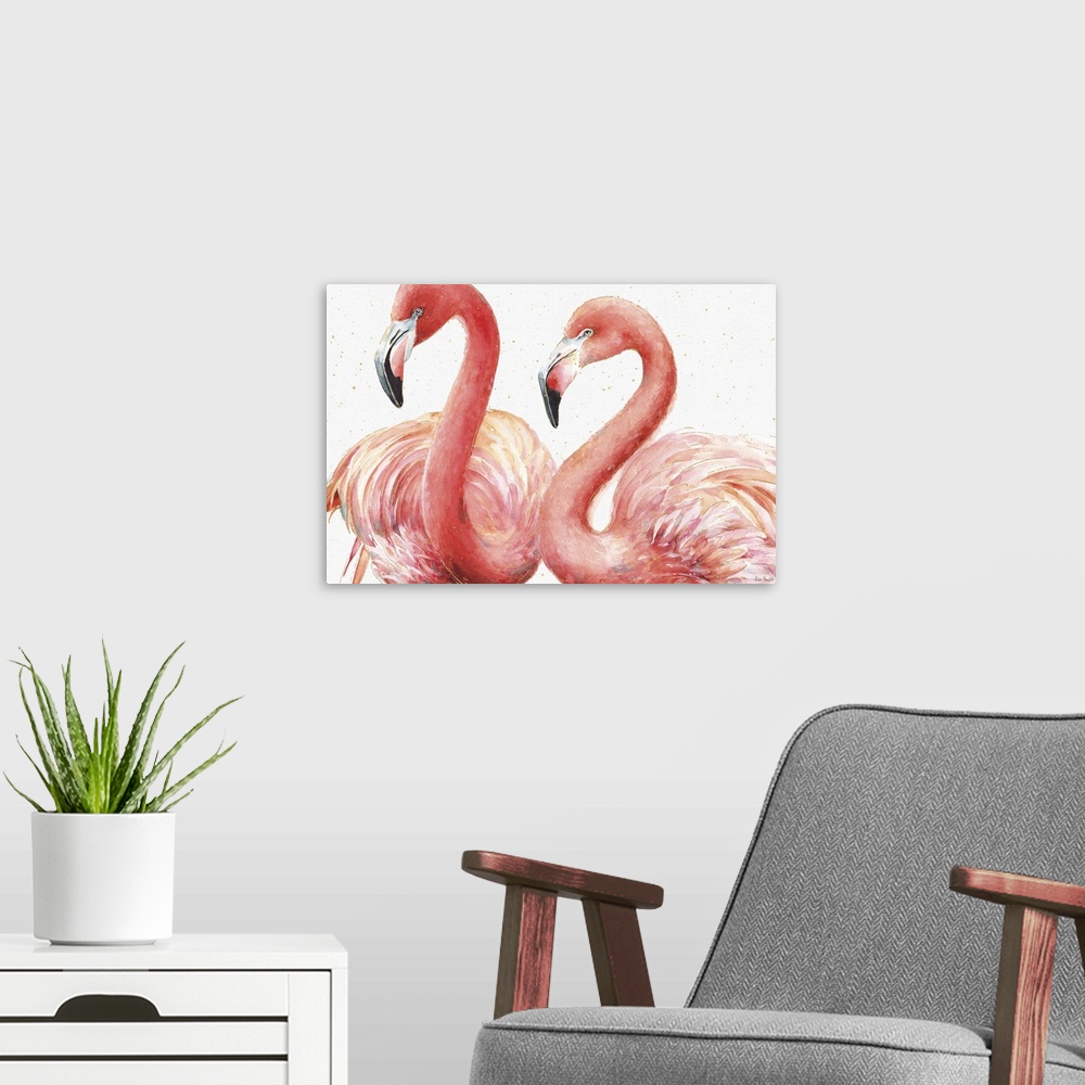 A modern room featuring Rectangular watercolor painting of two pink flamingos with metallic gold highlights and little dots.