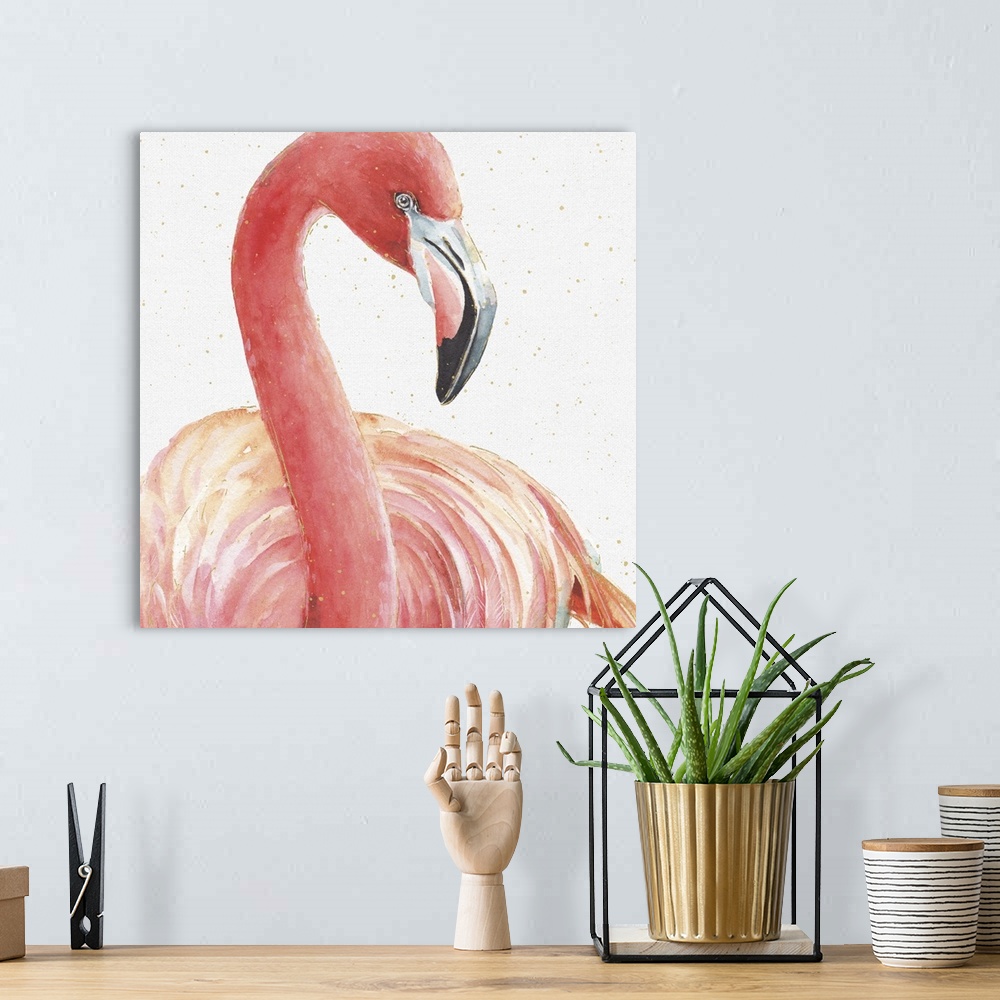 A bohemian room featuring A tropical watercolor painting of a pink flamingo with metallic gold highlights and dots.