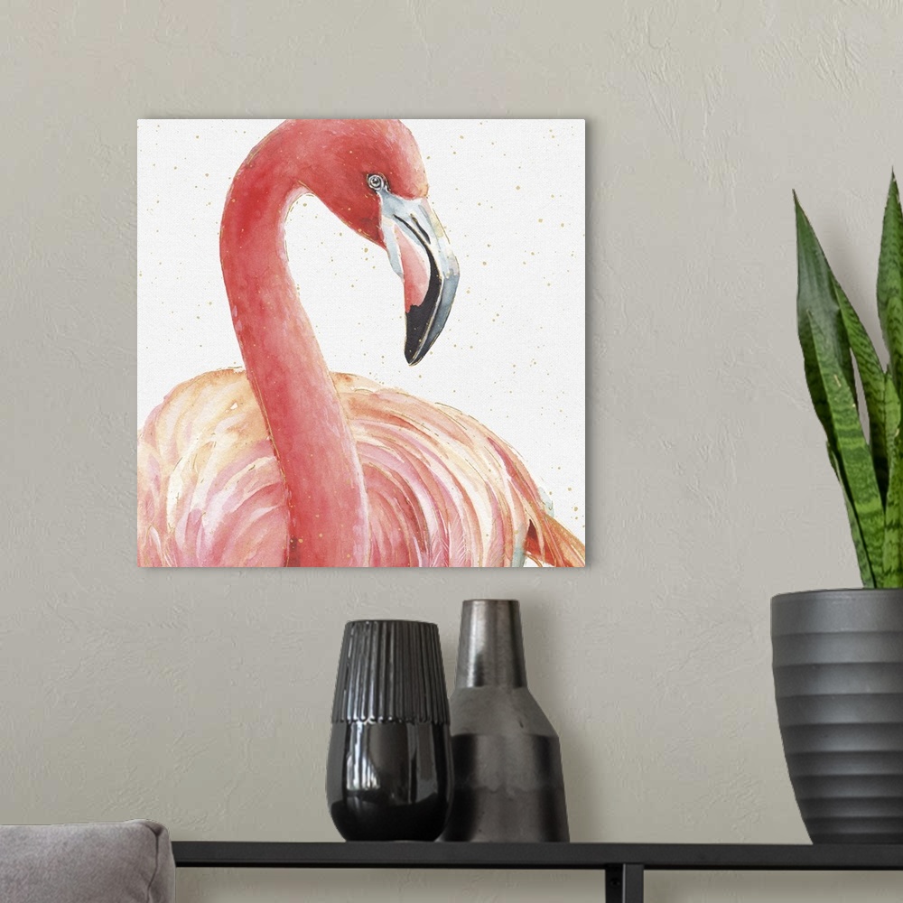 A modern room featuring A tropical watercolor painting of a pink flamingo with metallic gold highlights and dots.