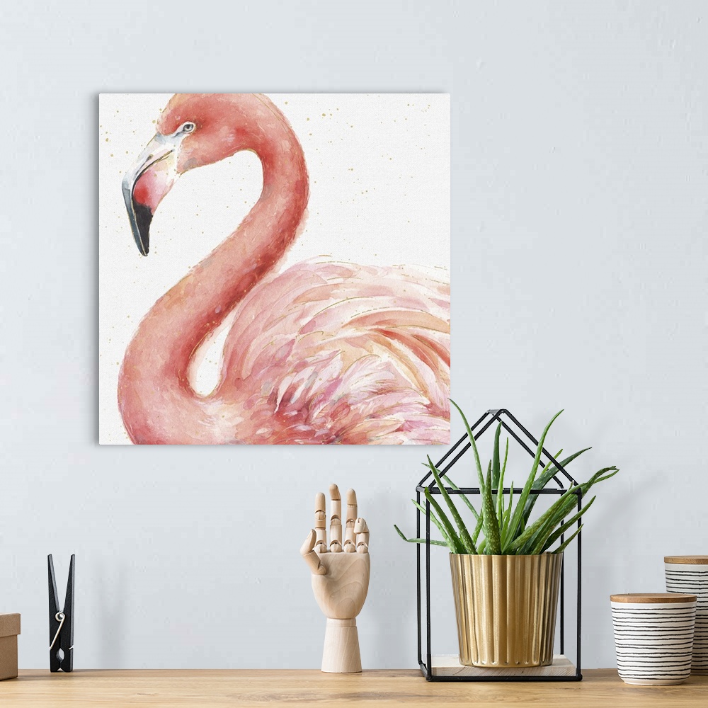 A bohemian room featuring A tropical watercolor painting of a pink flamingo with metallic gold highlights and dots.
