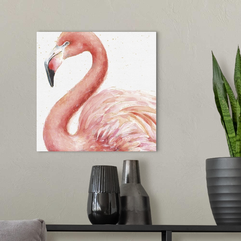 A modern room featuring A tropical watercolor painting of a pink flamingo with metallic gold highlights and dots.