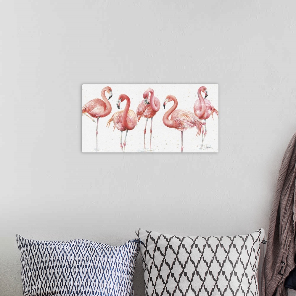 A bohemian room featuring Horizontal watercolor painting of five pink flamingos standing next to each other with metallic g...