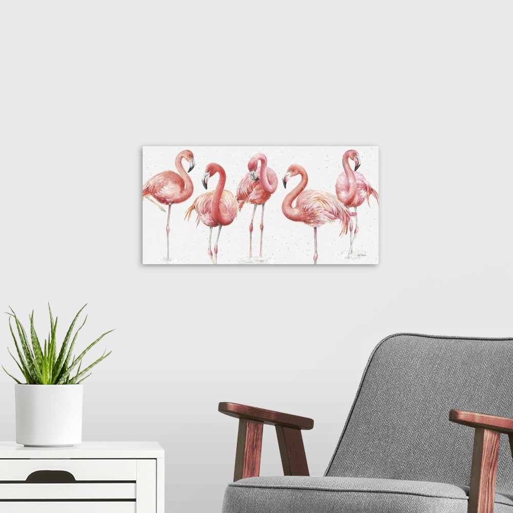 A modern room featuring Horizontal watercolor painting of five pink flamingos standing next to each other with metallic g...