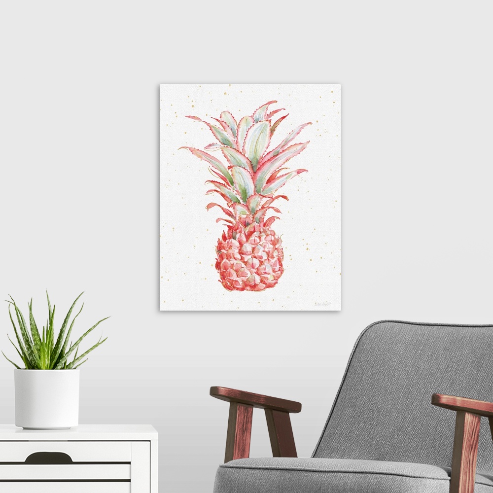 A modern room featuring A tropical watercolor painting of a pink pineapple with metallic gold highlights and dots.