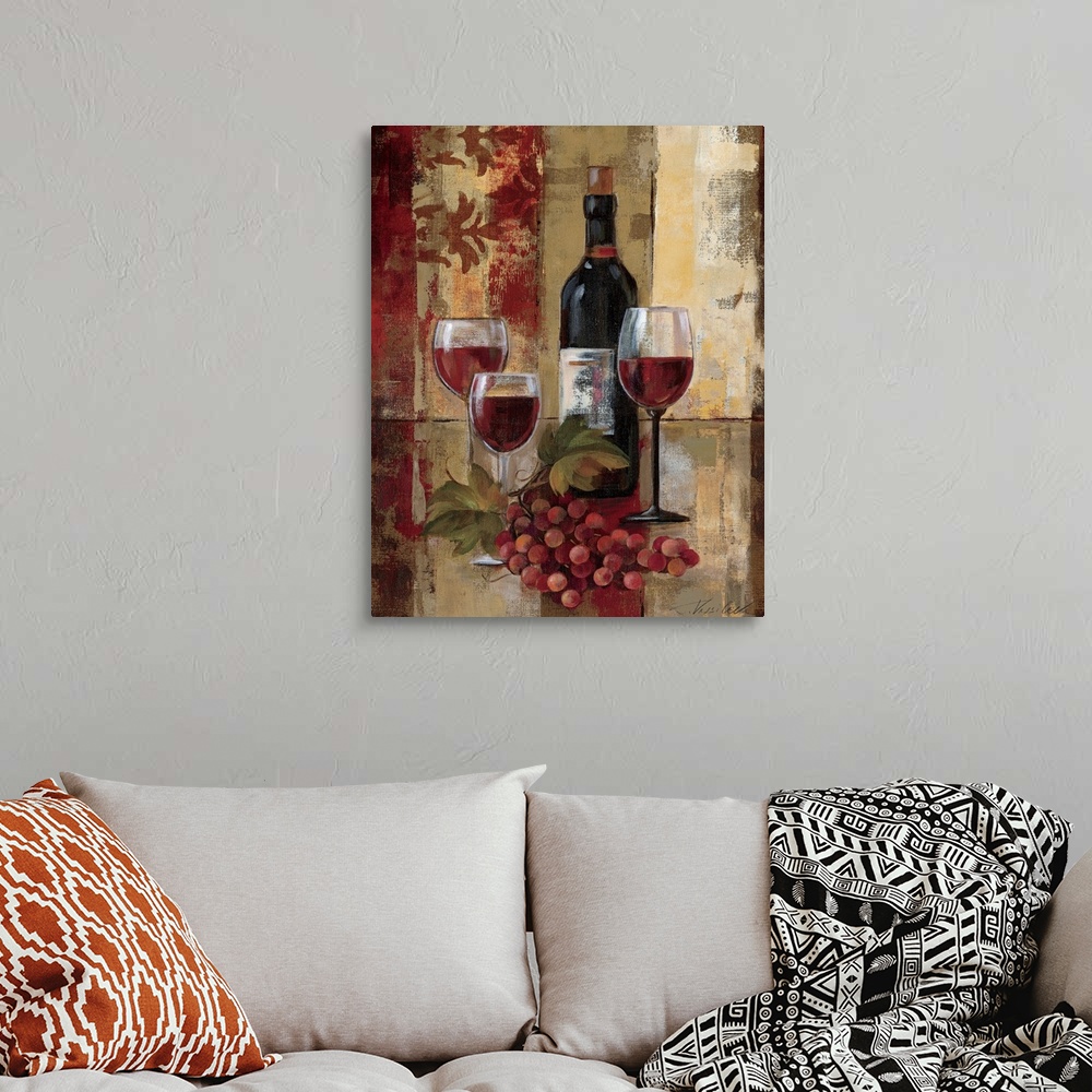A bohemian room featuring Large contemporary art showcases a bottle of fermented grape juice sitting behind a group of thre...