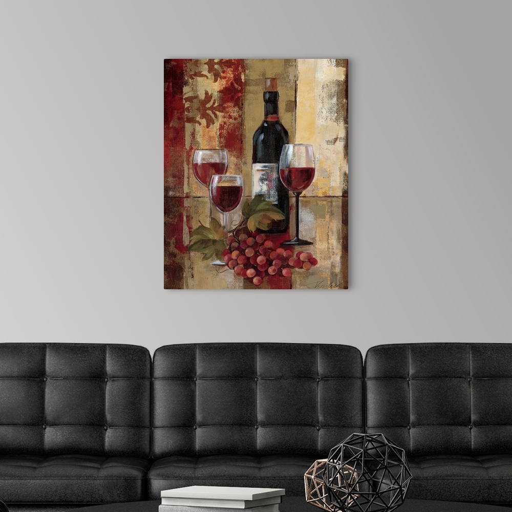 A modern room featuring Large contemporary art showcases a bottle of fermented grape juice sitting behind a group of thre...