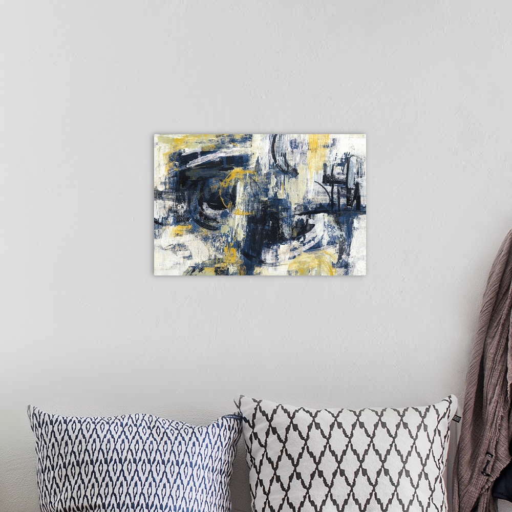 A bohemian room featuring Contemporary abstract painting with dark indigo and black hues and pops of yellow and white to ad...