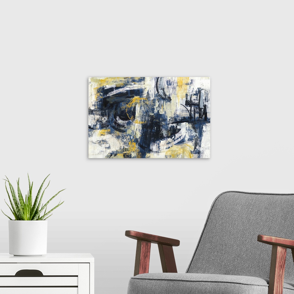 A modern room featuring Contemporary abstract painting with dark indigo and black hues and pops of yellow and white to ad...