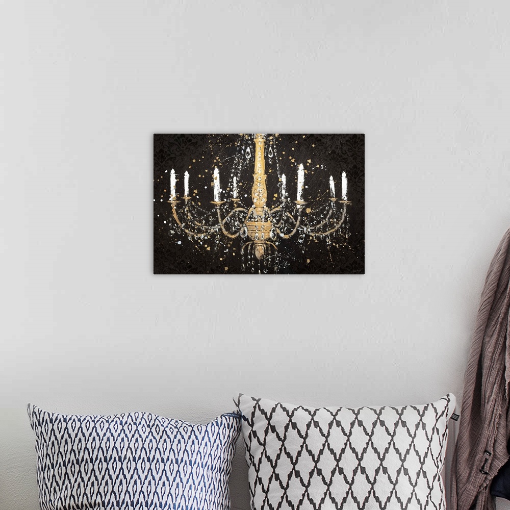 A bohemian room featuring Contemporary artwork of a chandelier on black with jewels and tall candles.