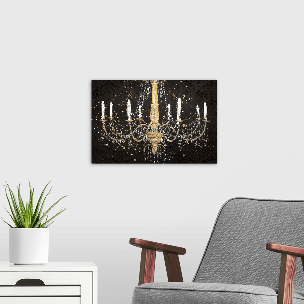 A modern room featuring Contemporary artwork of a chandelier on black with jewels and tall candles.