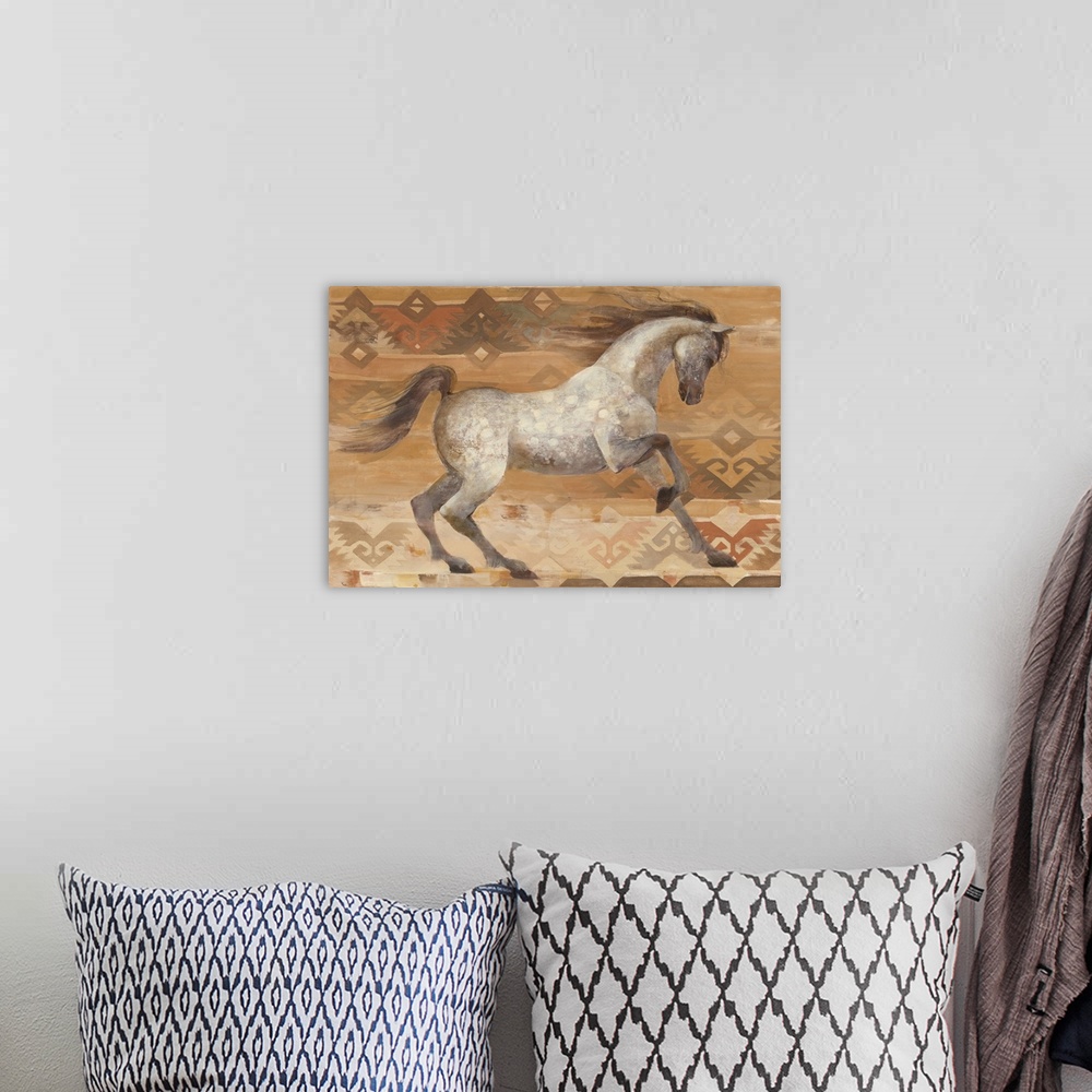 A bohemian room featuring Painting of a grey appaloosa horse with southwestern designs.