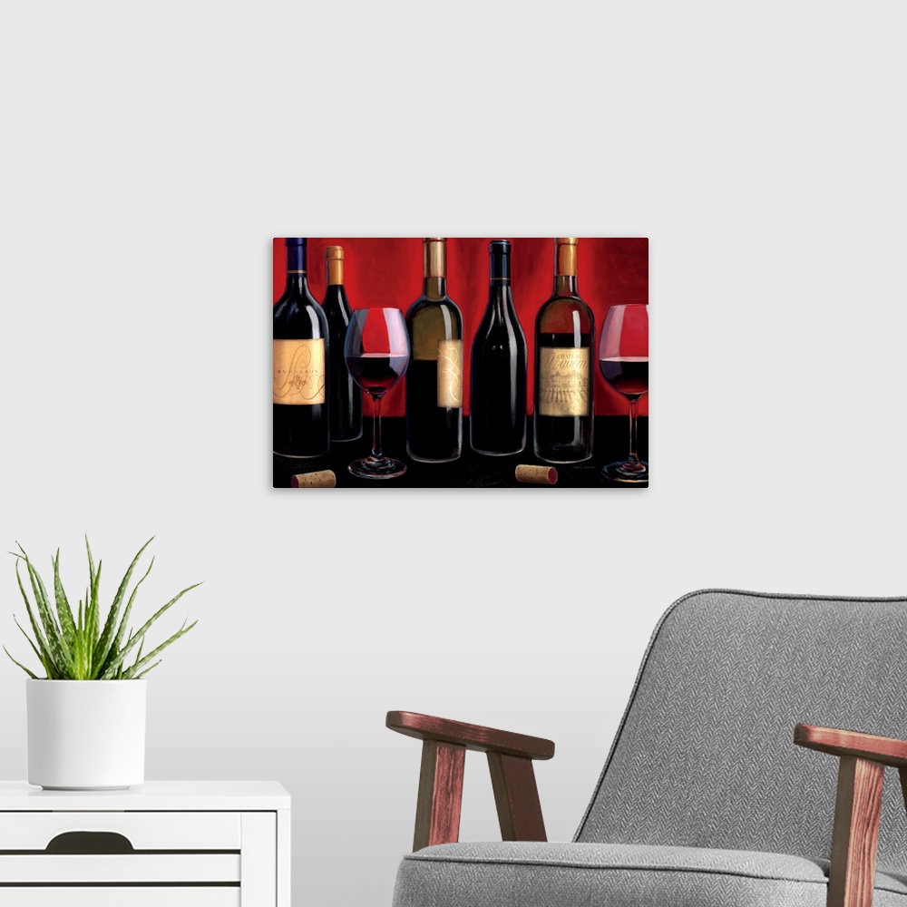 A modern room featuring Wall painting of five different wine bottles containing various amounts of wine sitting amongst t...