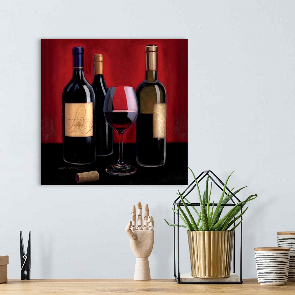 A bohemian room featuring Contemporary painting of a glass of red wine surrounded by wine bottles.