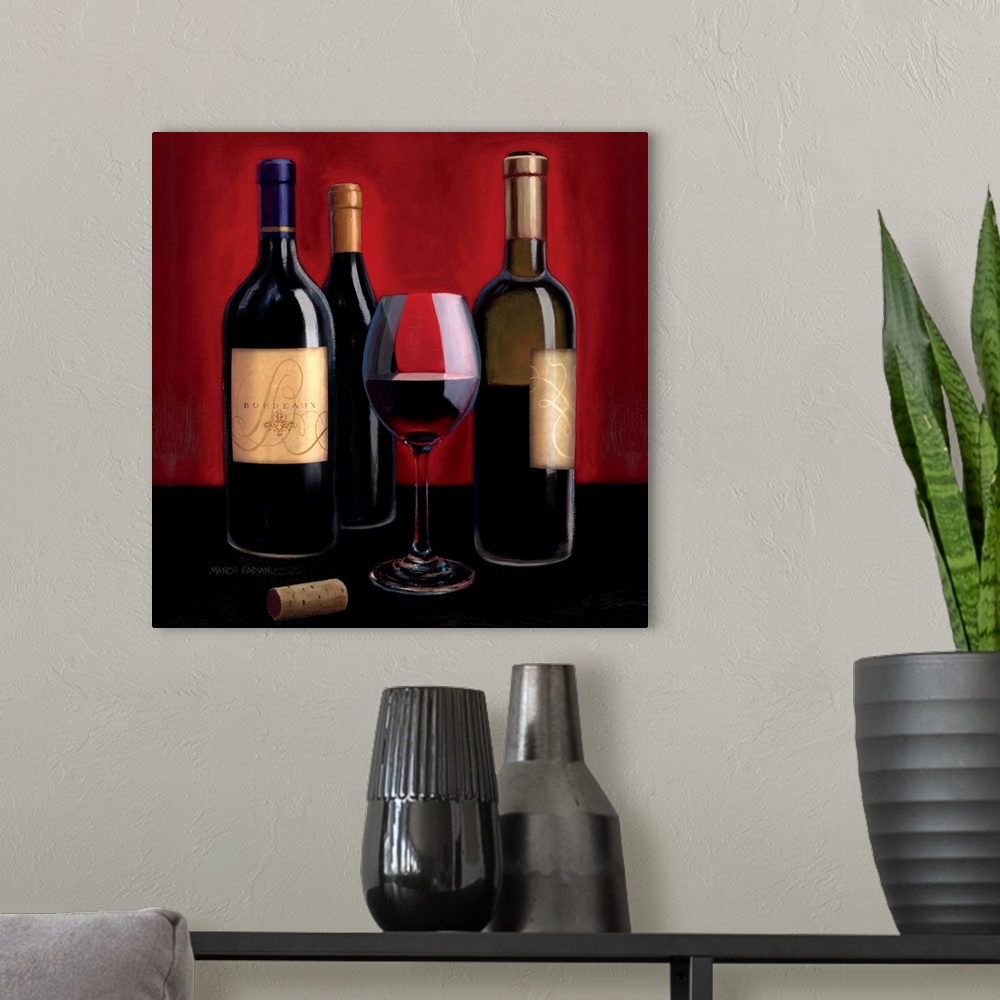 A modern room featuring Contemporary painting of a glass of red wine surrounded by wine bottles.