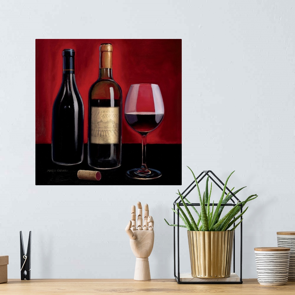 A bohemian room featuring Contemporary painting of a glass of red wine with two wine bottle next to it.