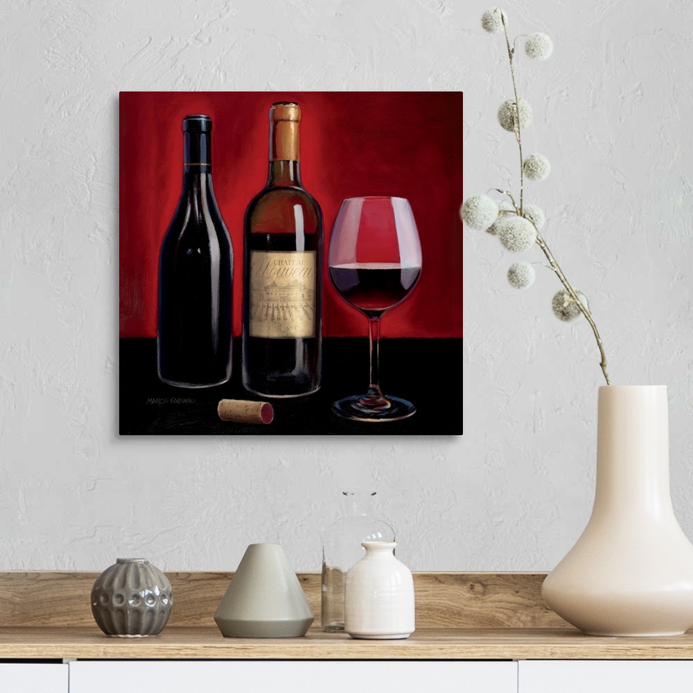 A farmhouse room featuring Contemporary painting of a glass of red wine with two wine bottle next to it.