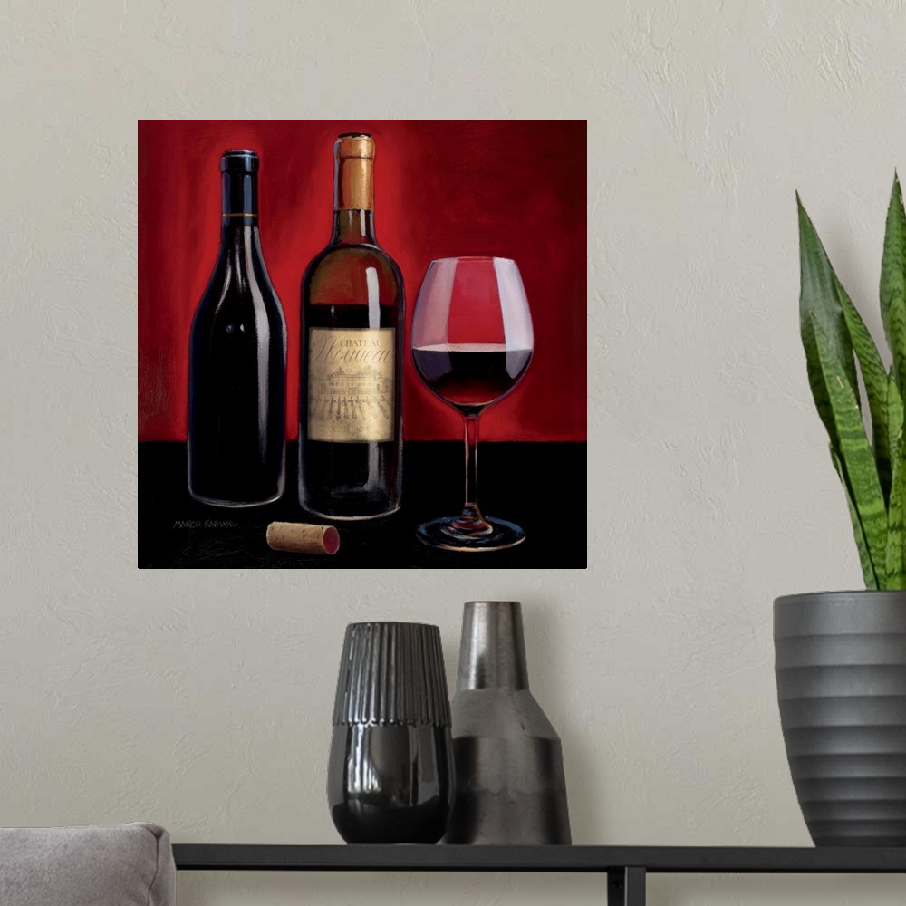 A modern room featuring Contemporary painting of a glass of red wine with two wine bottle next to it.