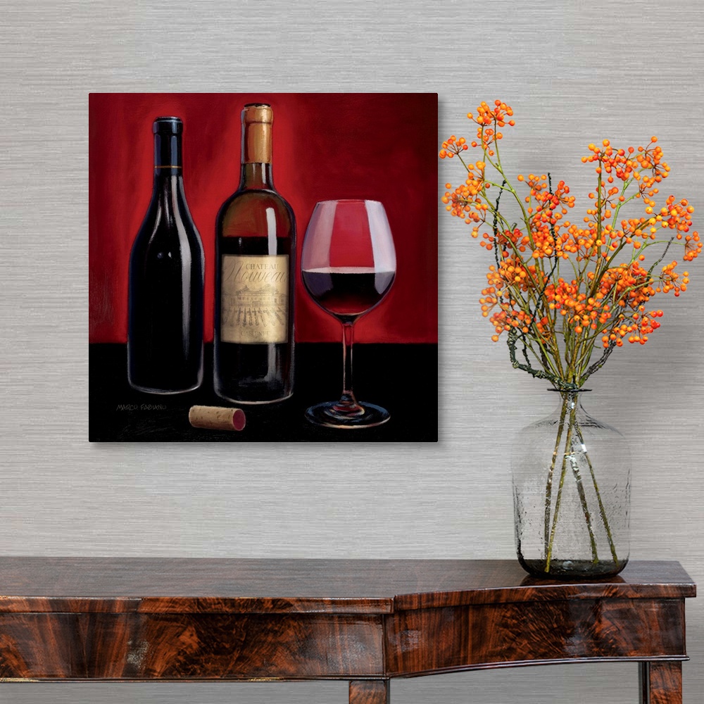 A traditional room featuring Contemporary painting of a glass of red wine with two wine bottle next to it.