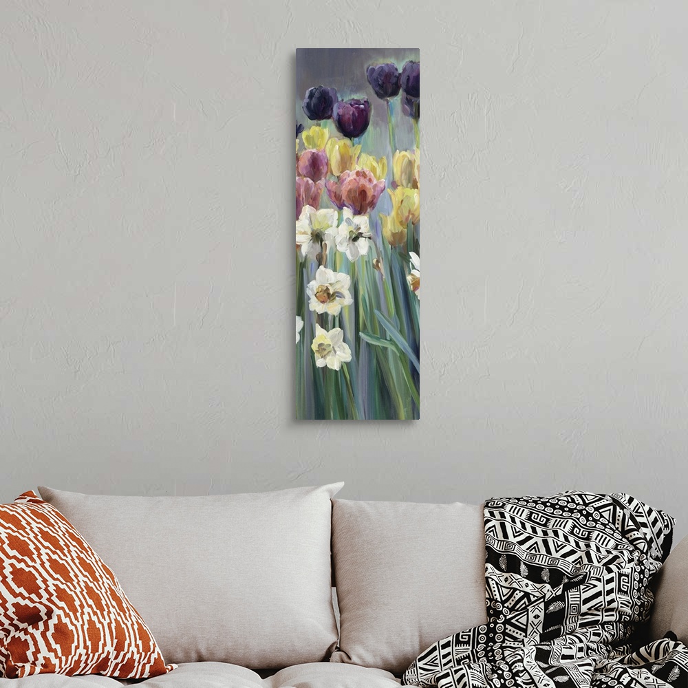 A bohemian room featuring Contemporary painting of multi-colored flowers in a garden.