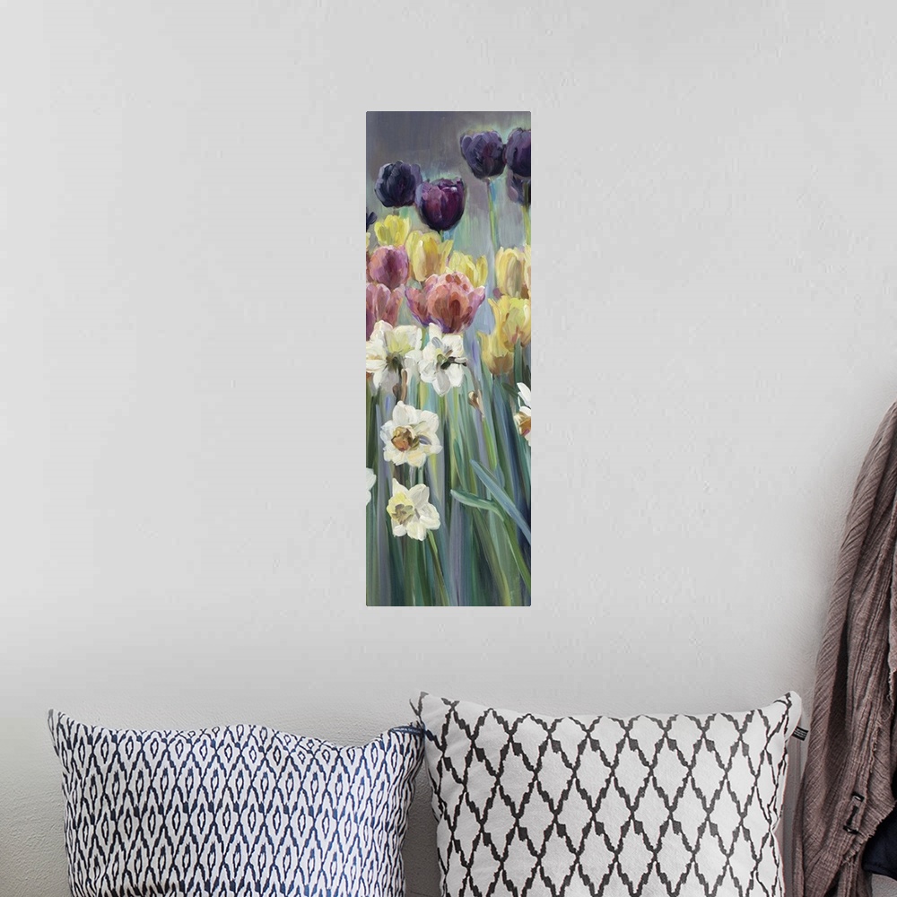 A bohemian room featuring Contemporary painting of multi-colored flowers in a garden.
