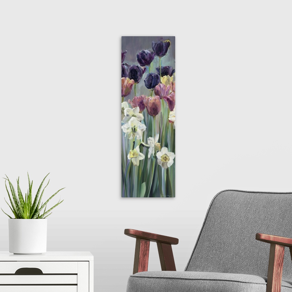 A modern room featuring Contemporary painting of multi-colored flowers in a garden.