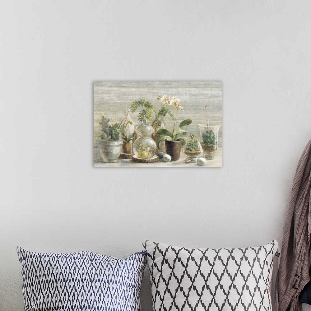 A bohemian room featuring Contemporary still life painting of potted orchids and small terrariums.