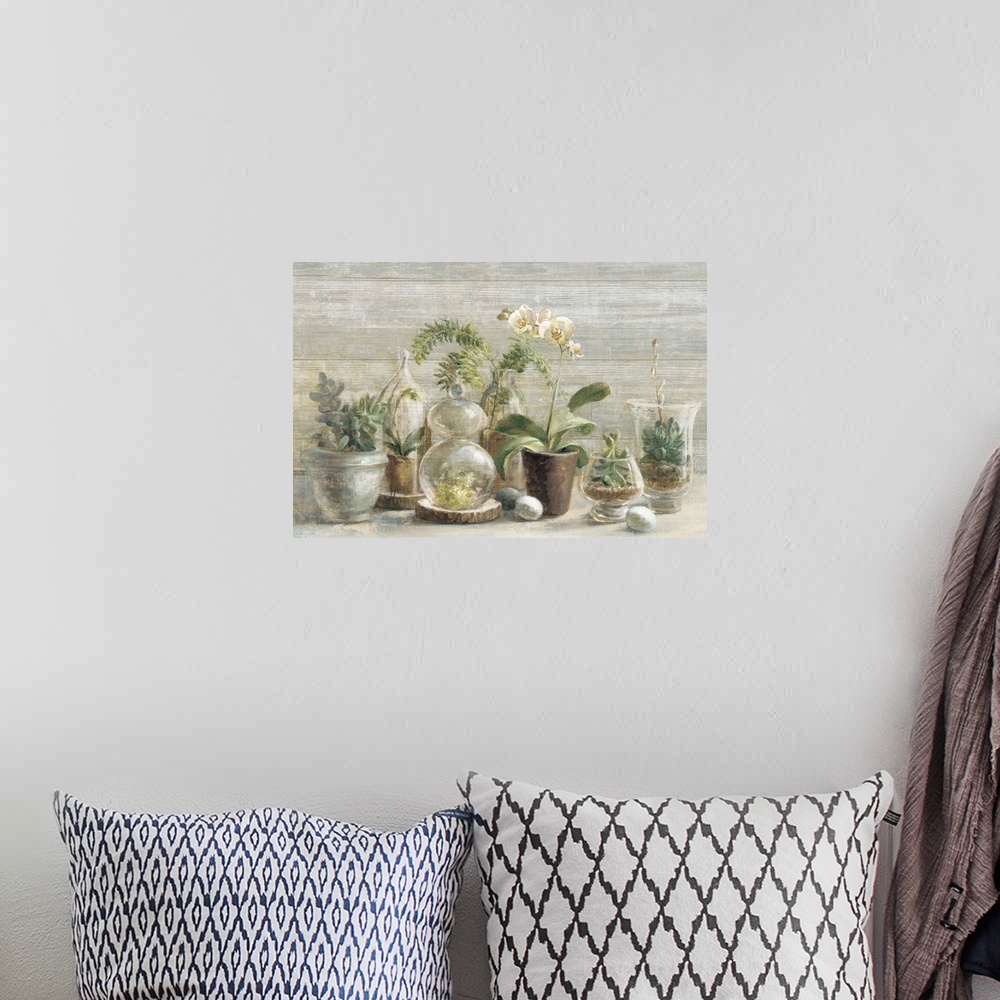 A bohemian room featuring Contemporary still life painting of potted orchids and small terrariums.