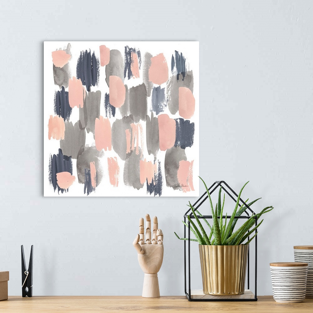 A bohemian room featuring Decorative artwork featuring short vertical brush strokes in gray, pink and subdued blue.