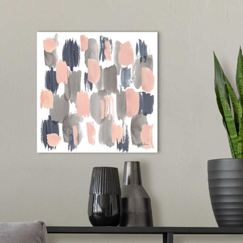 A modern room featuring Decorative artwork featuring short vertical brush strokes in gray, pink and subdued blue.