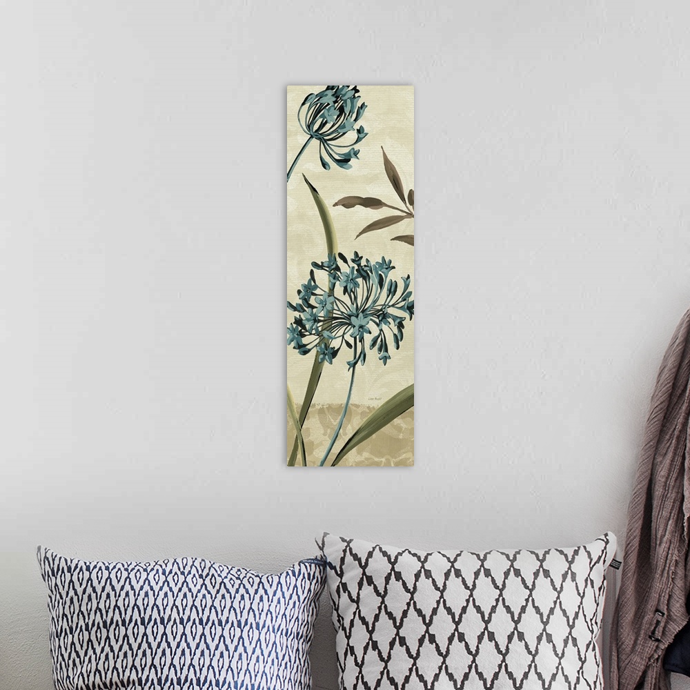 A bohemian room featuring Vertical panoramic painting of two flower blossoms in the wind surrounded by tall leaves.