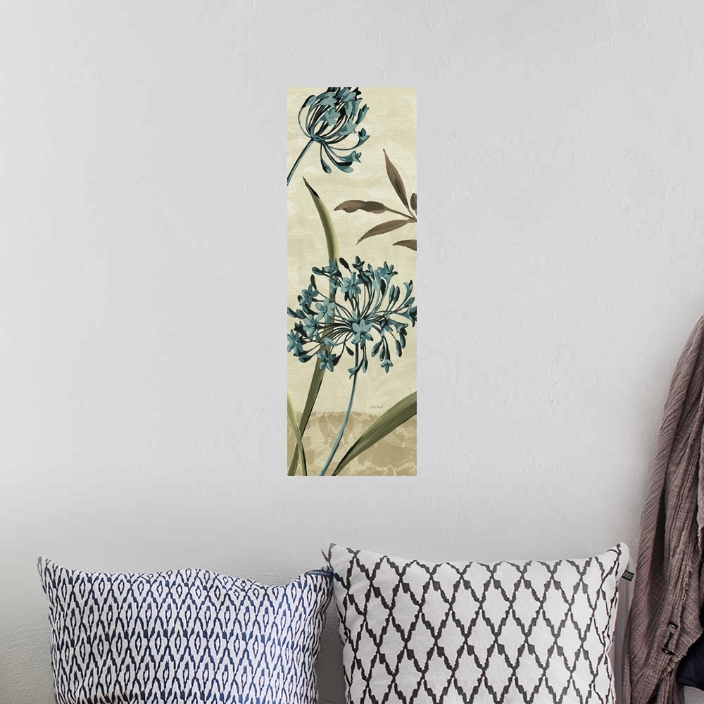 A bohemian room featuring Vertical panoramic painting of two flower blossoms in the wind surrounded by tall leaves.