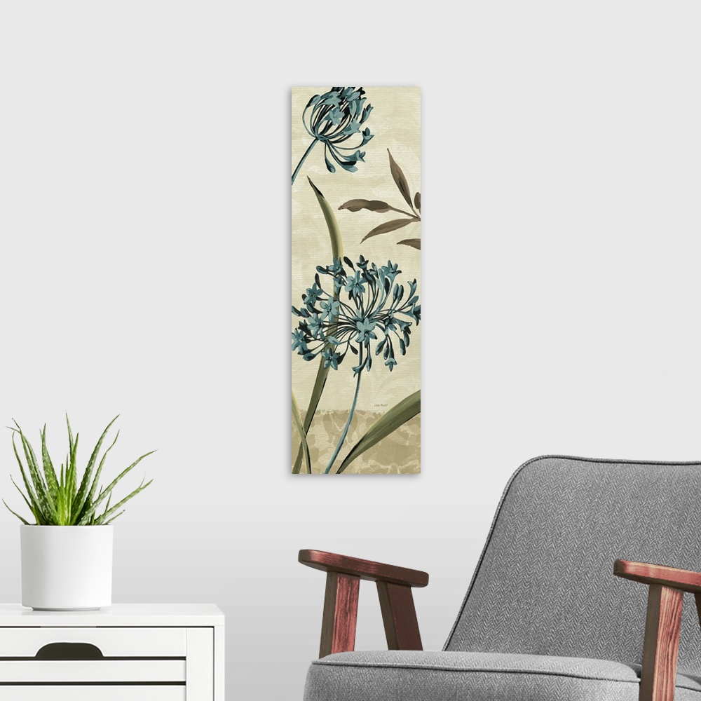 A modern room featuring Vertical panoramic painting of two flower blossoms in the wind surrounded by tall leaves.