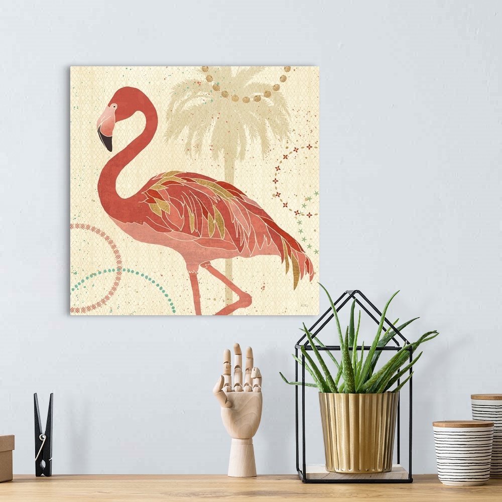 A bohemian room featuring Contemporary artwork of a flamingo in dark pink, tones with gilded feathers against a tropical th...