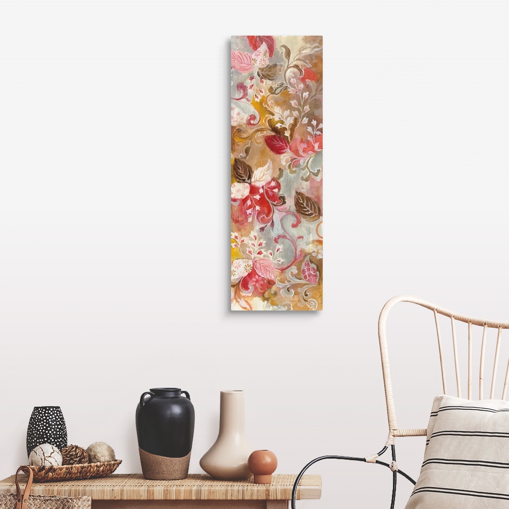 A farmhouse room featuring Tall painting of pink, white, and brown leaves and flowers with a red, gold, and grey background.