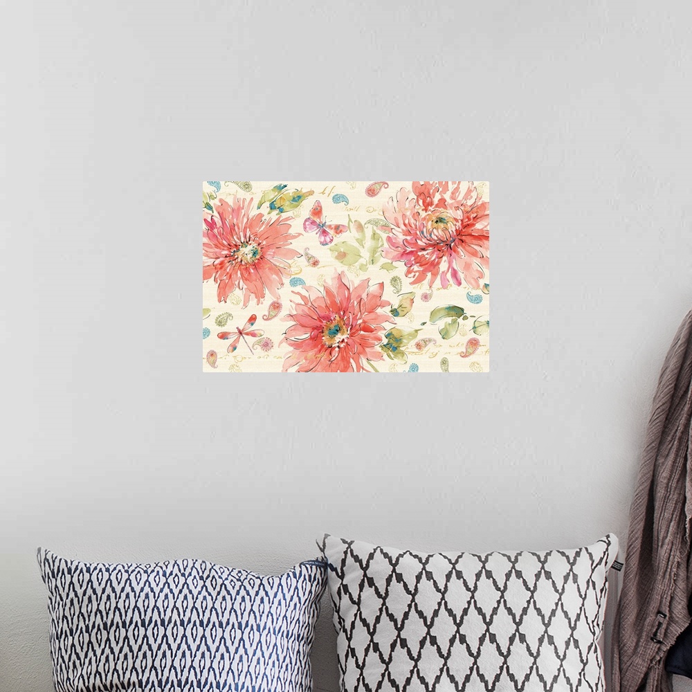 A bohemian room featuring Contemporary watercolor artwork of pink flowers against a neutral background.