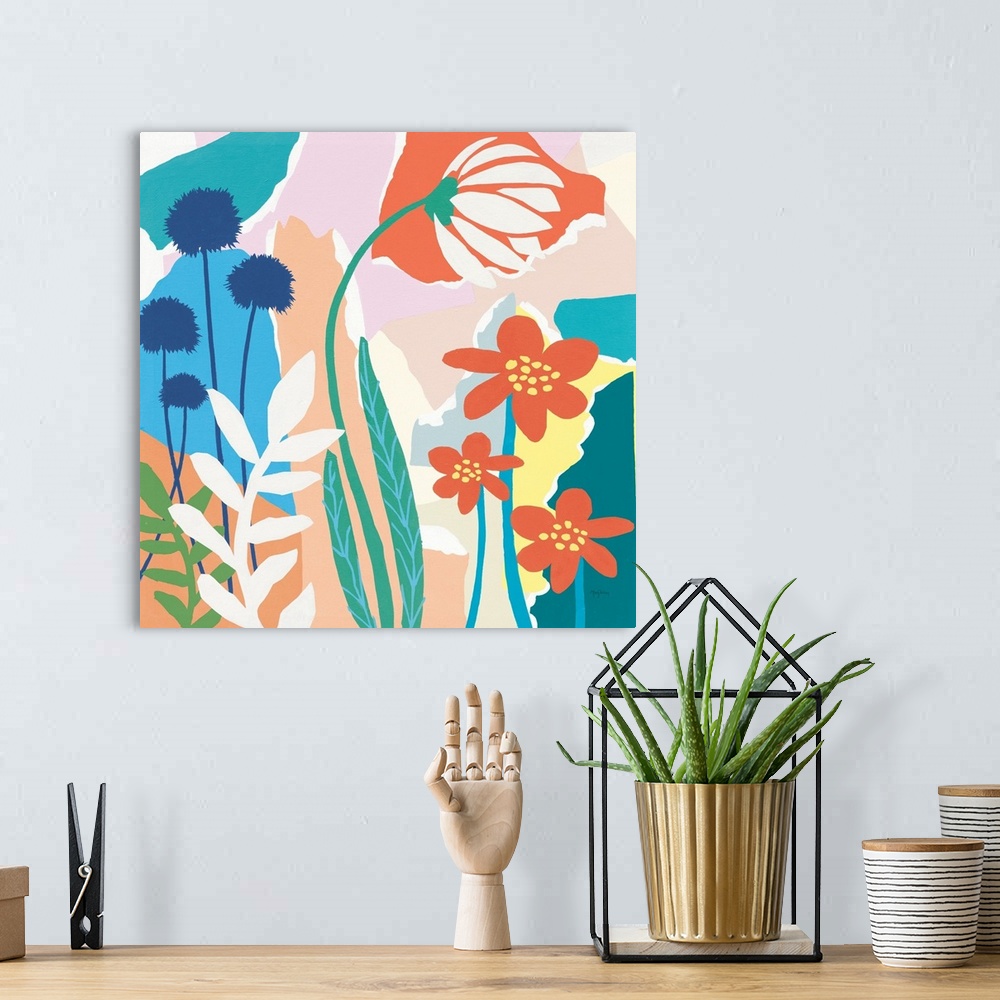 A bohemian room featuring Decorative artwork floral featuring colorful wildflower silhouettes.